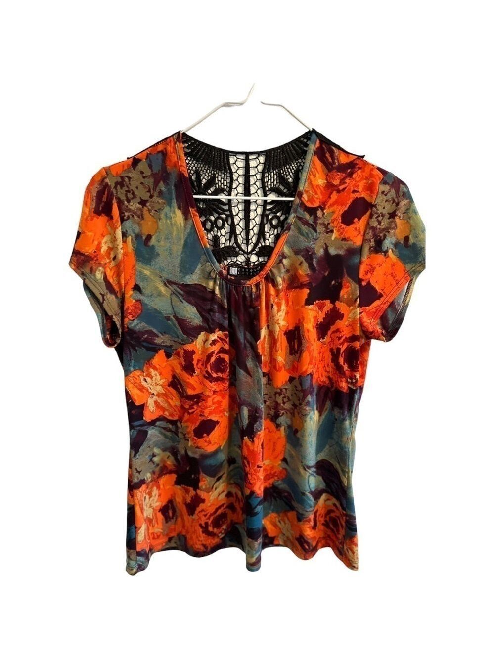 Fall Festival Whimsgoth Blouse Orange & Black Lace Sheer Back Womens Medium